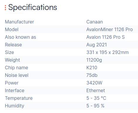 AvalonMiner 1126 Pro specification