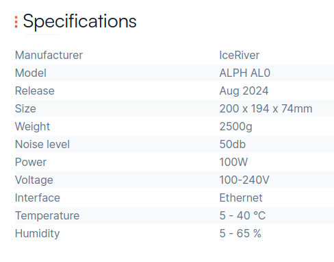 IceRiver ALPH AL0 specification