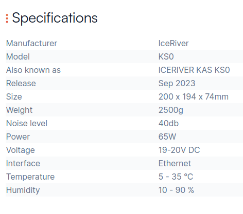 IceRiver KS0 specification