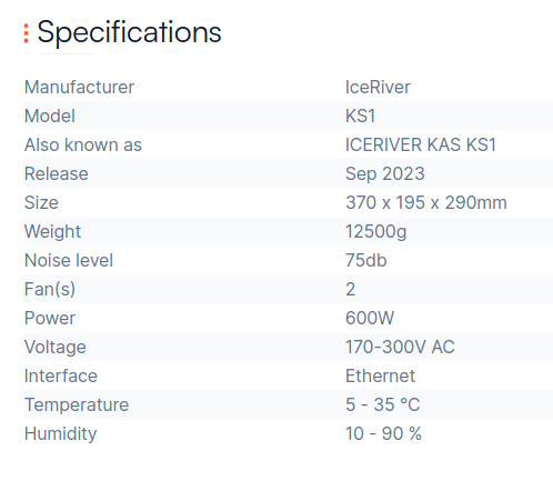 IceRiver KS1 specification