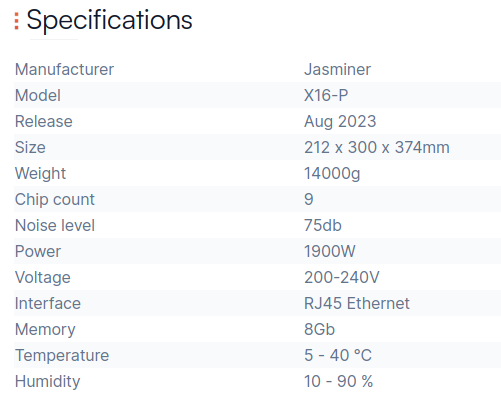 Jasminer X16-P specification