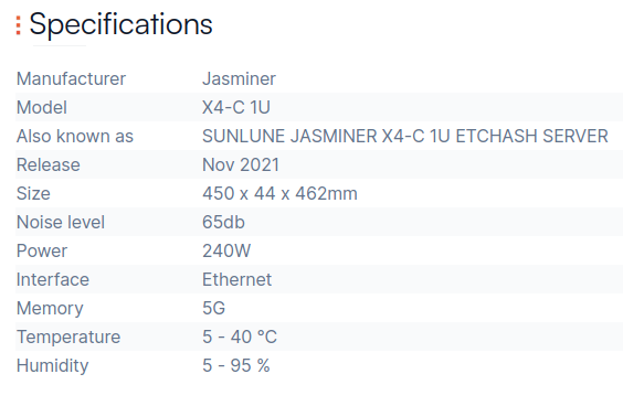 Jasminer X4-C 1U specification