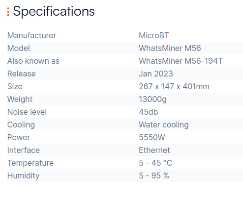 WhatsMiner M56 specification