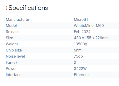 WhatsMiner M60 specification