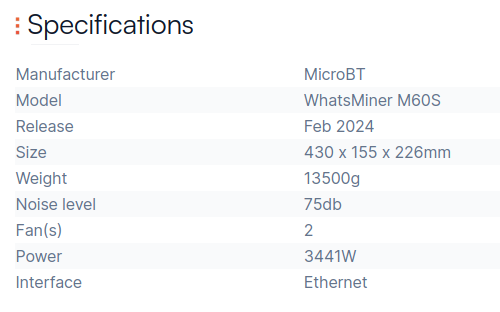 WhatsMiner M60S specification