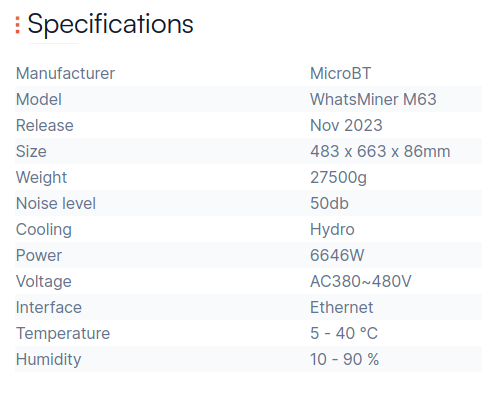 WhatsMiner M63 specification