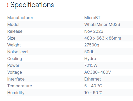 WhatsMiner M63S specification