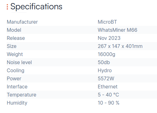 WhatsMiner M66 specification