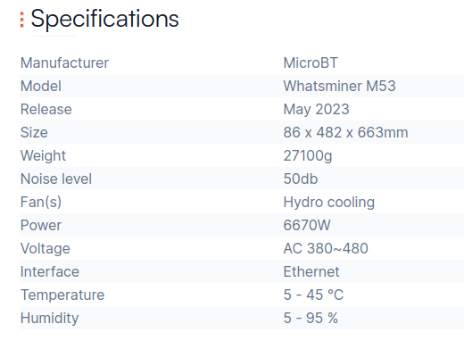 Whatsminer M53 specification