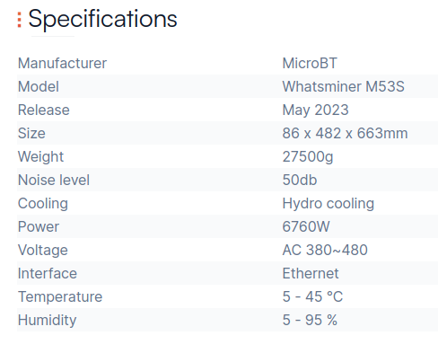 Whatsminer M53S specification