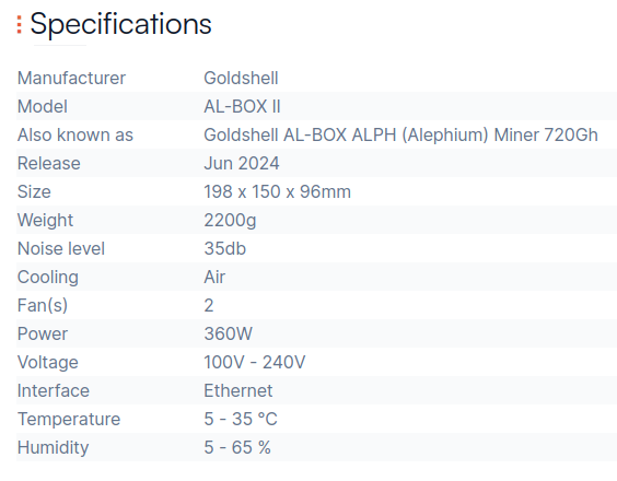 Goldshell AL-BOX II specification