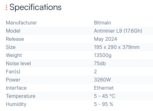 antminer l9 specification