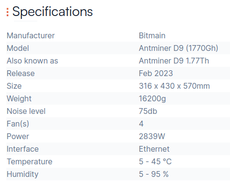 antminer d9 specification