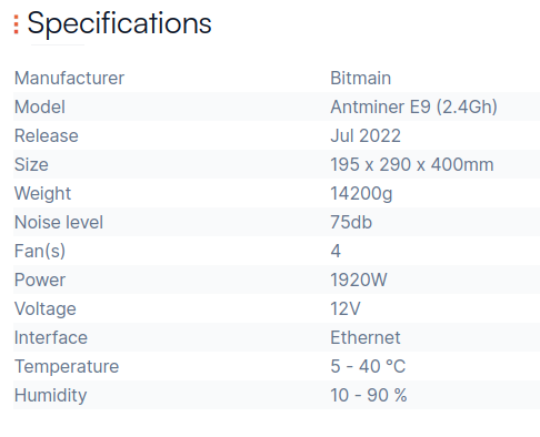 antminer E9 specification