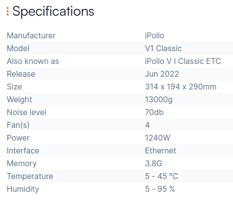 iPollo V1 Classic specification