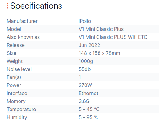 iPollo V1 Mini Classic Plus specification