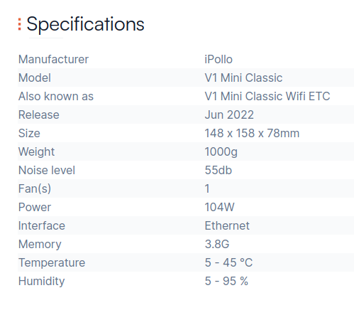 iPollo V1 Mini Classic specification