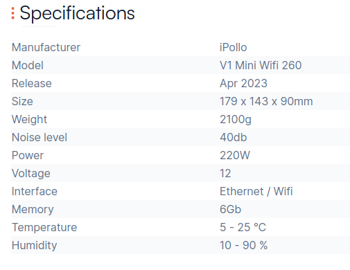 iPollo V1 Mini Wifi 260 specification