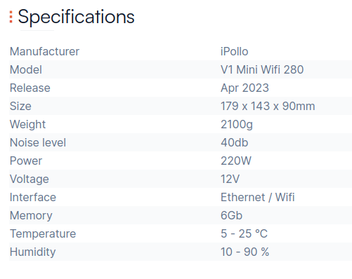 iPollo V1 Mini Wifi 280 specification