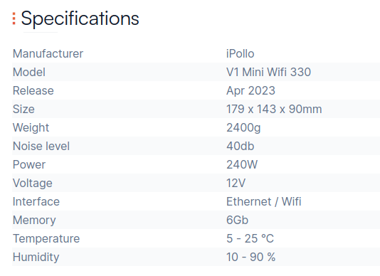 iPollo V1 Mini Wifi 330 specification