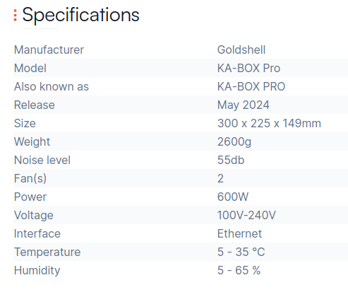 Goldshell KA-BOX Pro specification